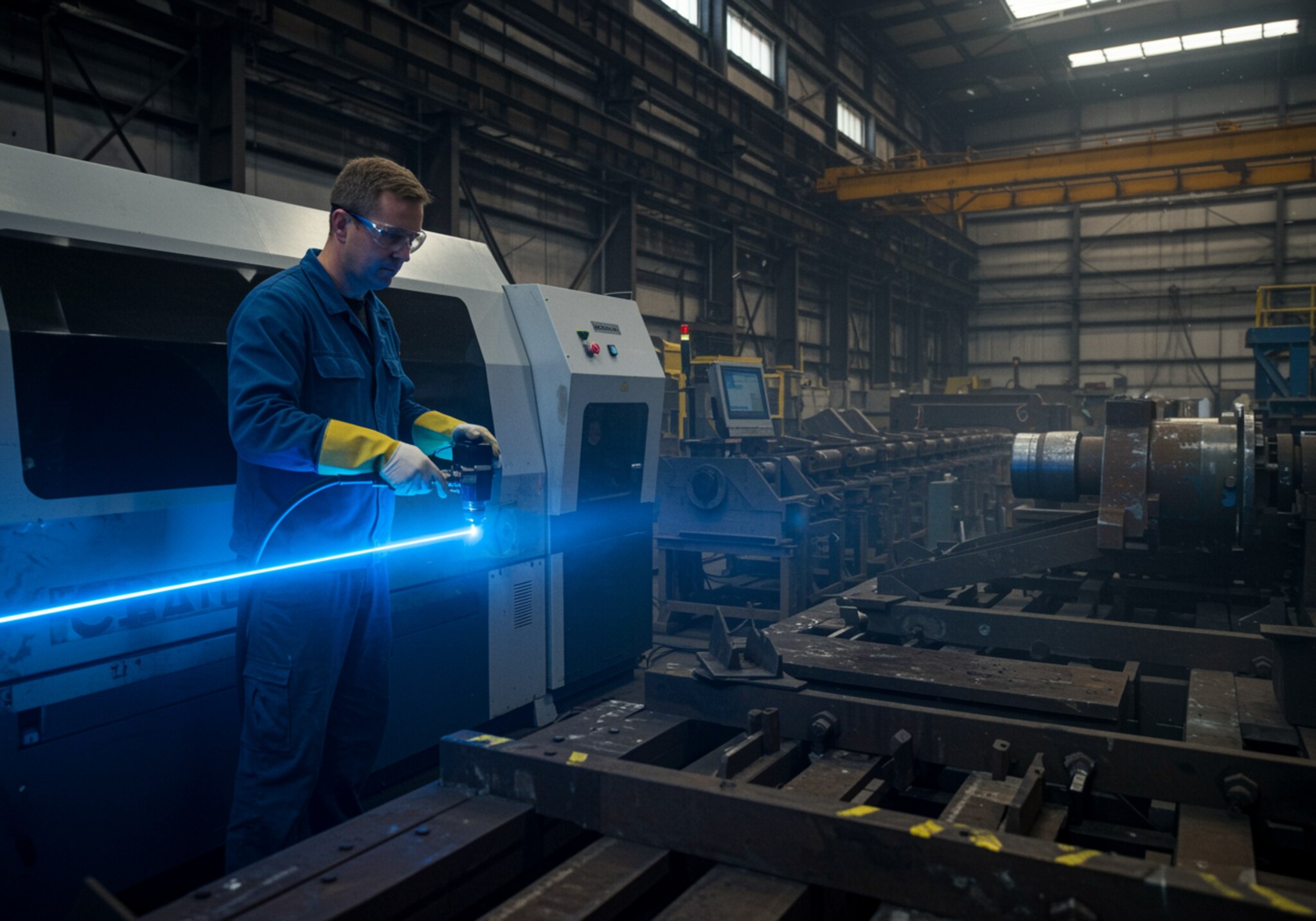 "Ingeniero industrial hombre blanco con gafas de protección y guantes utilizando una máquina de limpieza láser de alta tecnología en una fábrica moderna, eliminando óxido y pintura de maquinaria de acero."