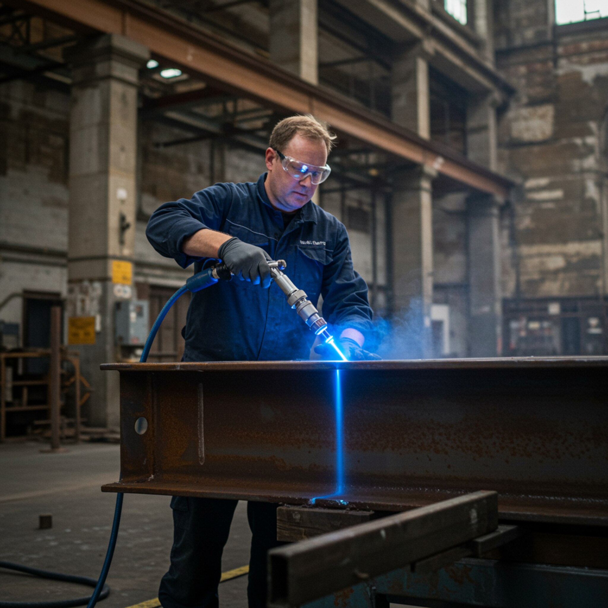 "Ingeniero blanco utilizando una máquina de limpieza láser personalizada para eliminar óxido y pintura de una viga metálica en una instalación industrial moderna, destacando la restauración patrimonial y la tecnología avanzada."
