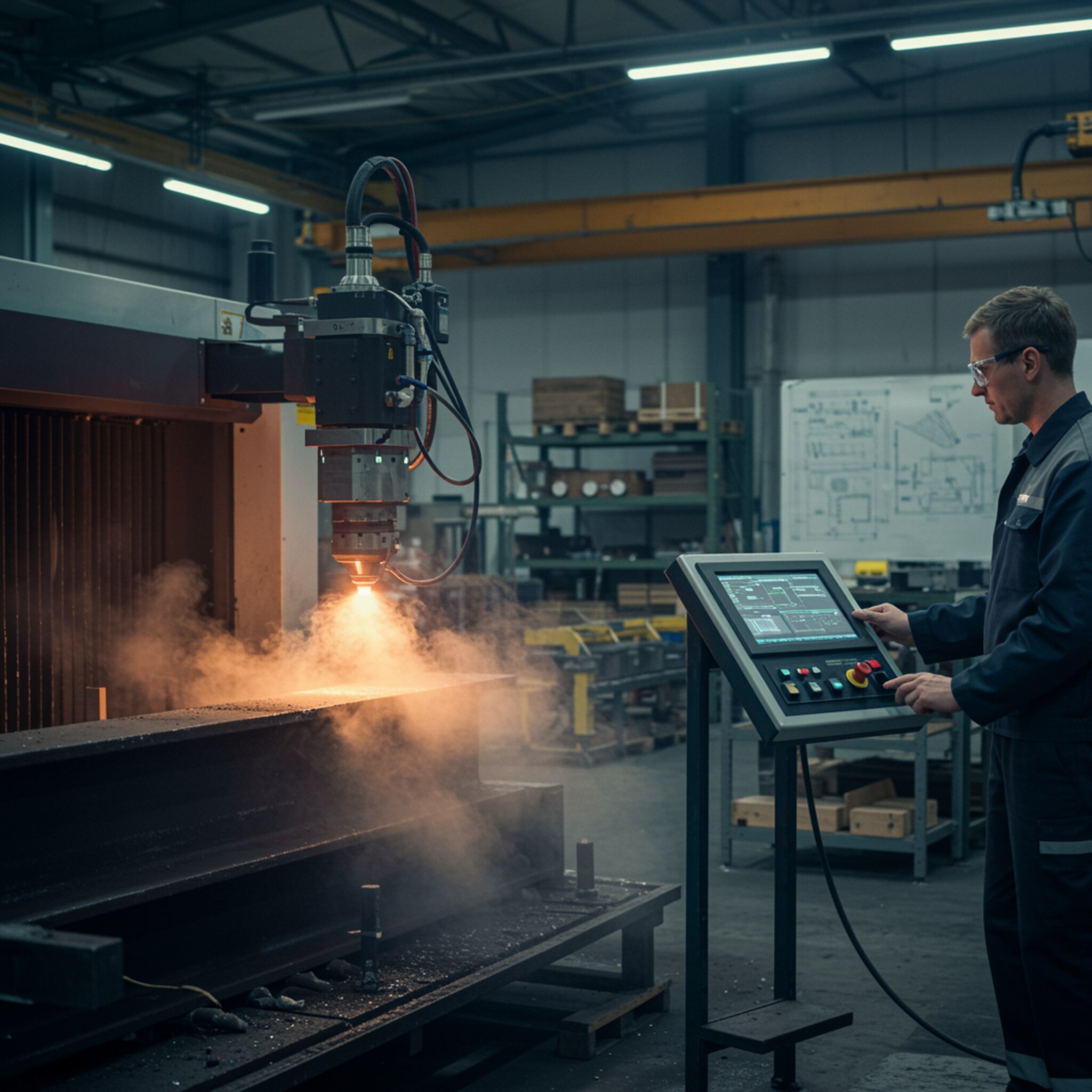 "Renderizado 3D ultra-realista de una máquina de limpieza láser industrial en acción, eliminando óxido y pintura en una fábrica moderna, destacando tecnología avanzada y procesos de limpieza ecológicos."