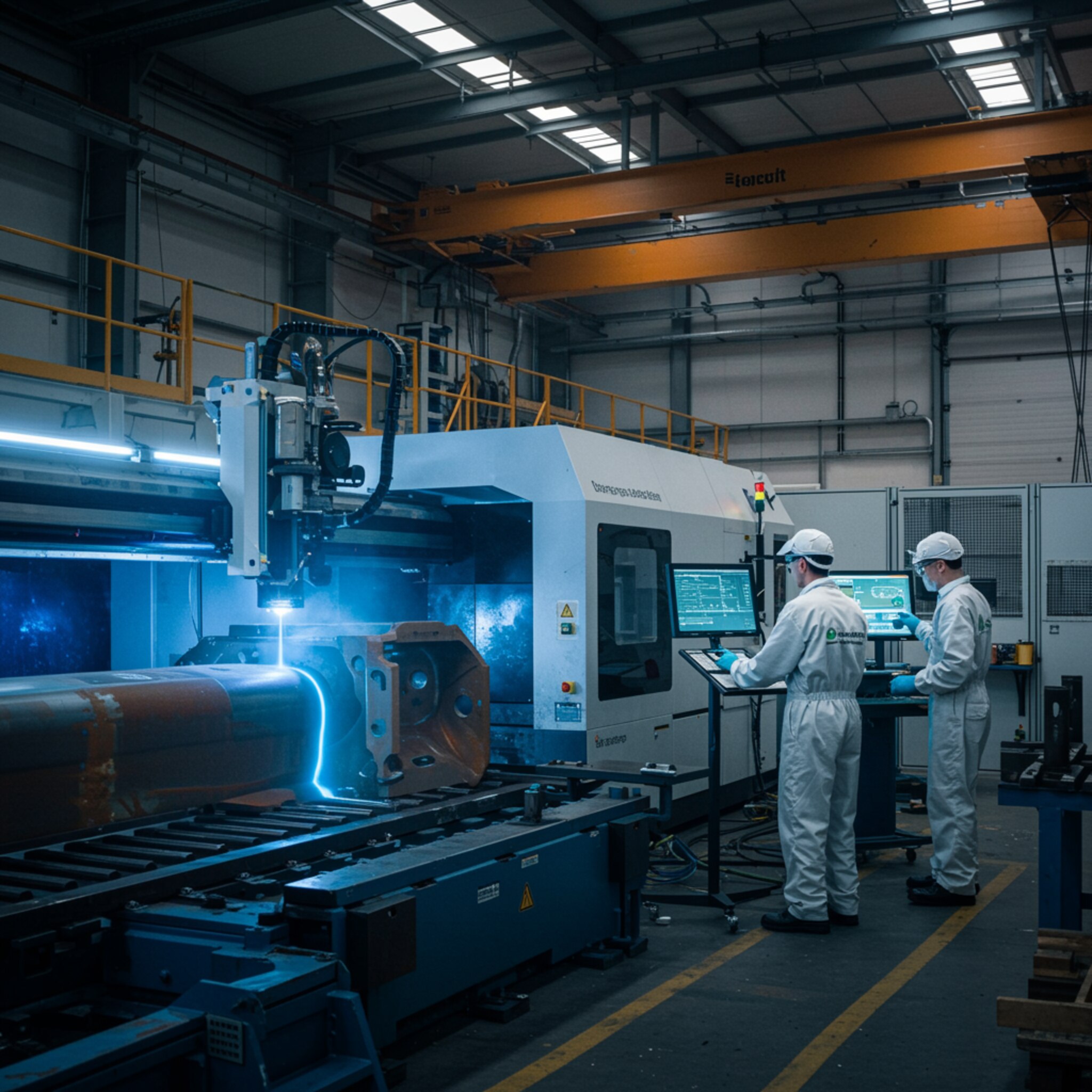 "Imagen de un avanzado sistema de limpieza láser industrial en operación, mostrando a ingenieros monitoreando el proceso de limpieza de acero sin productos químicos, resaltando su diseño de alta tecnología y responsabilidad ambiental."