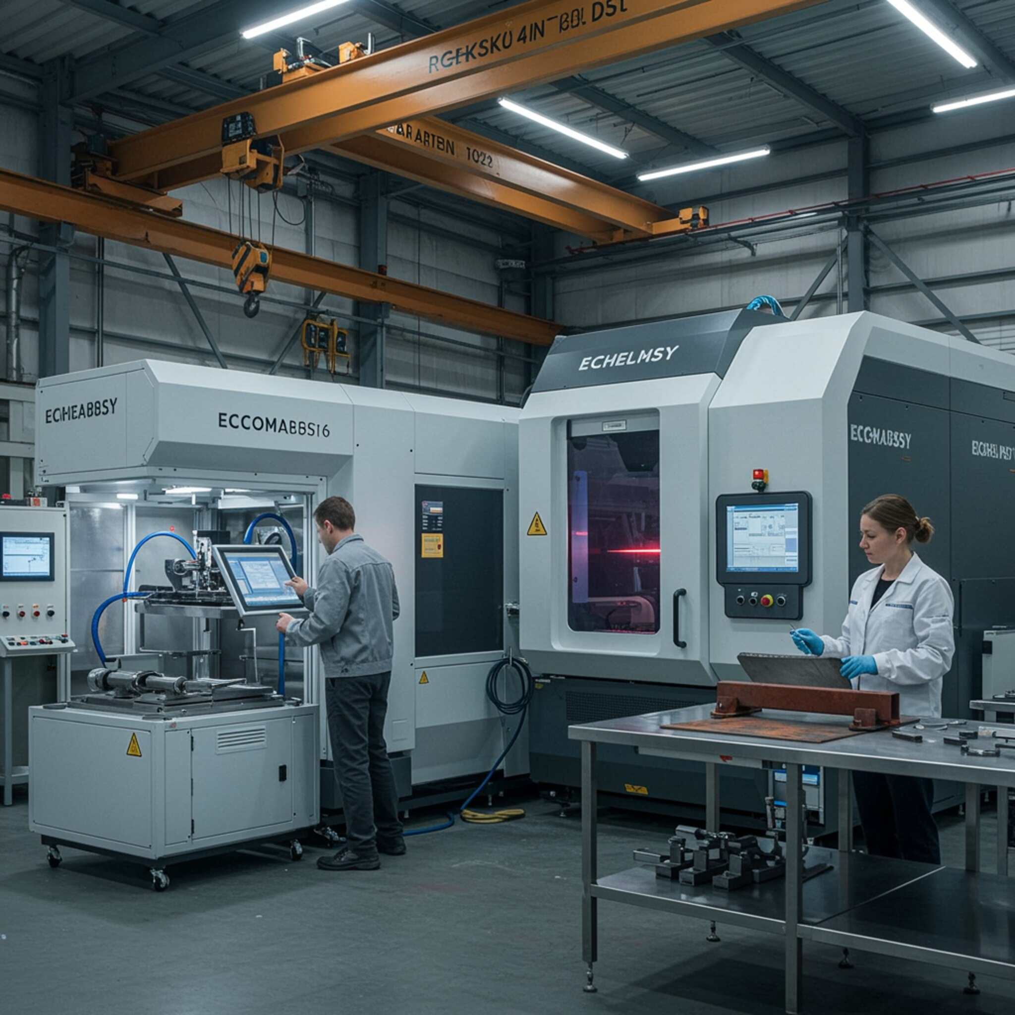 "Imagen de un taller industrial con dos unidades de limpieza láser prototipo, una estación modular compacta y un sistema láser de gran escala, mientras un técnico y una ingeniera inspeccionan y ajustan equipos avanzados en un entorno de innovación tecnológica."